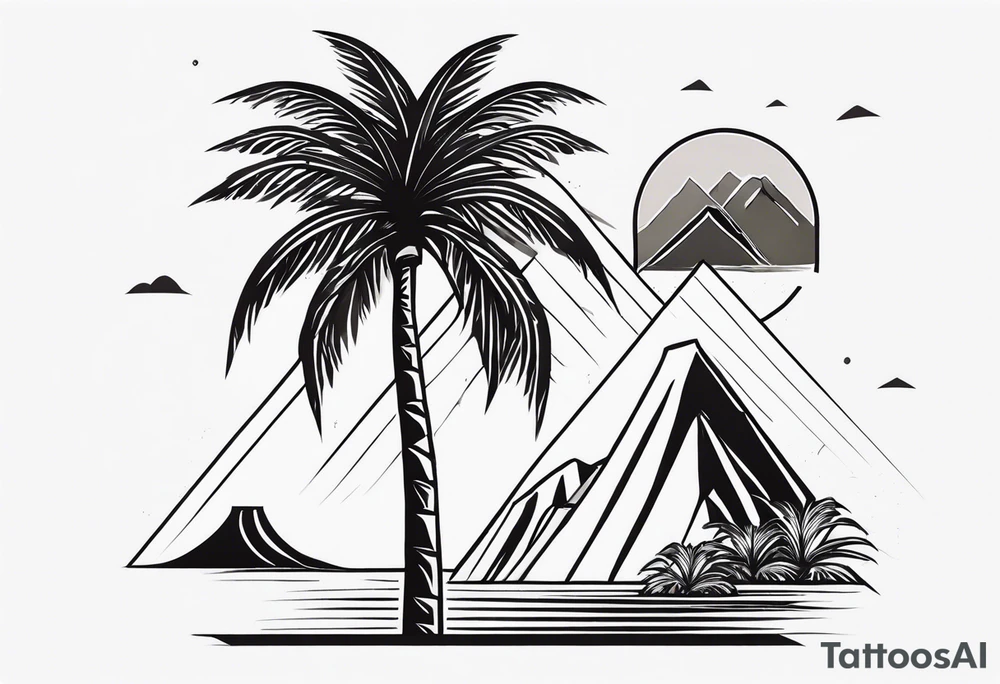 Fineline style. Thin and tall palmtree with a geometrical volcano in the back tattoo idea