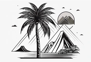 Fineline style. Thin and tall palmtree with a geometrical volcano in the back tattoo idea