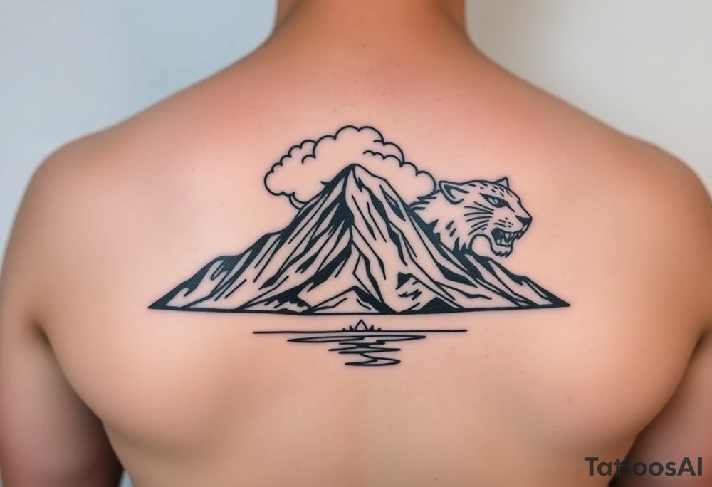 Primary focus is a mountain. At the crown of the mountain is a swath of puffy cumulus clouds. On the right side of the clouds, they form a very subtle jaguar face. At the base of the mountain is a reflective salt flats. Use Peruvian accents in the design tattoo idea