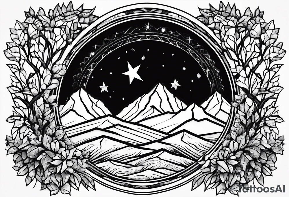 A diamond windows showing 3 stars above a mountain. Waves underneath, trees to the sides tattoo idea