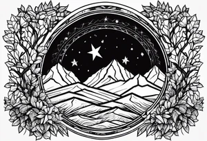 A diamond windows showing 3 stars above a mountain. Waves underneath, trees to the sides tattoo idea