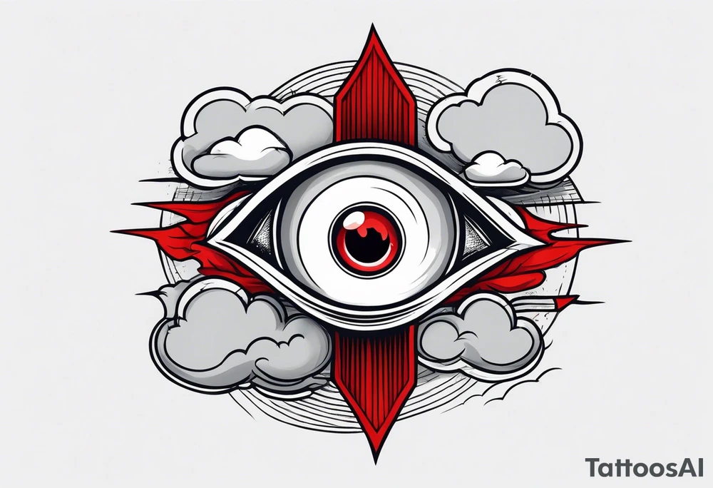 American traditional simple eyeball in dark stormy clouds with red lightning coming from the clouds tattoo idea