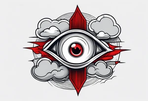American traditional simple eyeball in dark stormy clouds with red lightning coming from the clouds tattoo idea