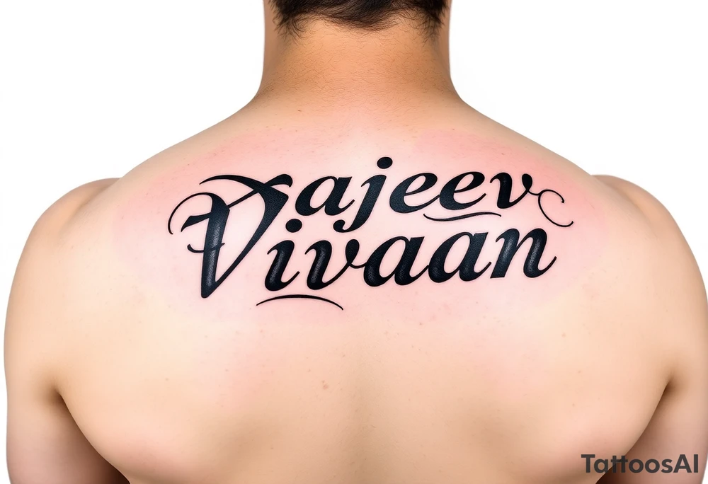 Merge Rajeev and Vivaan names together on top of each other so that one side reads as Rajeev  and another side as vivaan tattoo idea