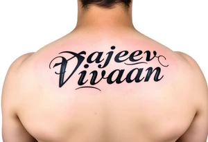 Merge Rajeev and Vivaan names together on top of each other so that one side reads as Rajeev  and another side as vivaan tattoo idea