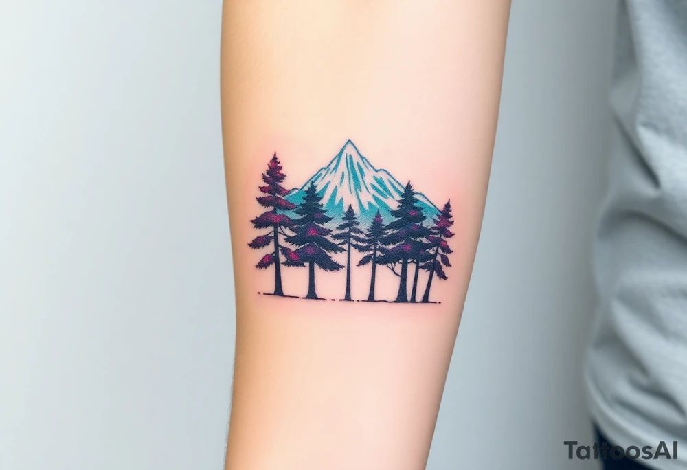 Lower forearm, trees with mountains in background, leaves on the trees are pink, purple, teal, red tattoo idea