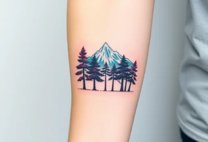 Lower forearm, trees with mountains in background, leaves on the trees are pink, purple, teal, red tattoo idea