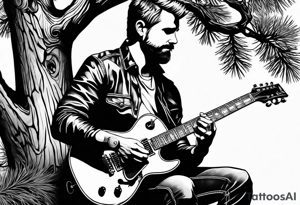 man playing electric guitar while sitting in a pine tree tattoo idea