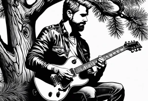 man playing electric guitar while sitting in a pine tree tattoo idea
