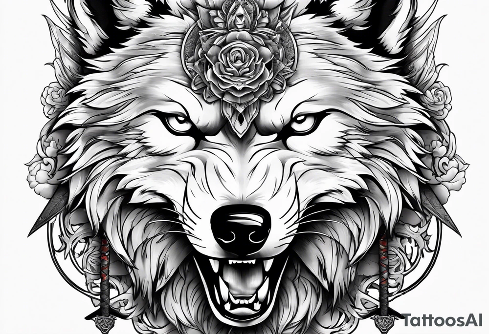 wolf head with katana in mouth tattoo idea