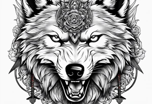 wolf head with katana in mouth tattoo idea