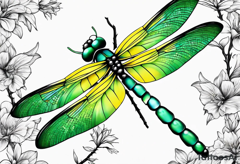 green and yellow dragonfly on a twig tattoo idea