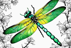 green and yellow dragonfly on a twig tattoo idea