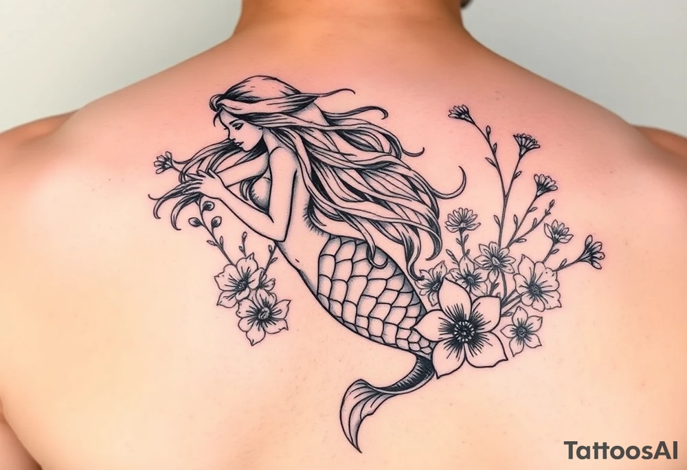 ethereal mermaid with flowing hair among coral and sea flowers tattoo idea