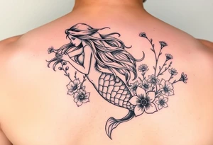 ethereal mermaid with flowing hair among coral and sea flowers tattoo idea