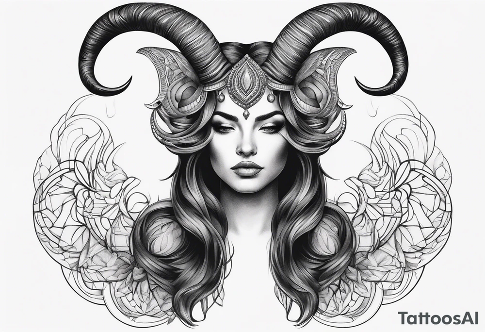 minimalist symmetrical woman head with curved horns facing downwards dark realism looking front facing view tattoo idea