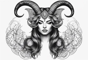 minimalist symmetrical woman head with curved horns facing downwards dark realism looking front facing view tattoo idea