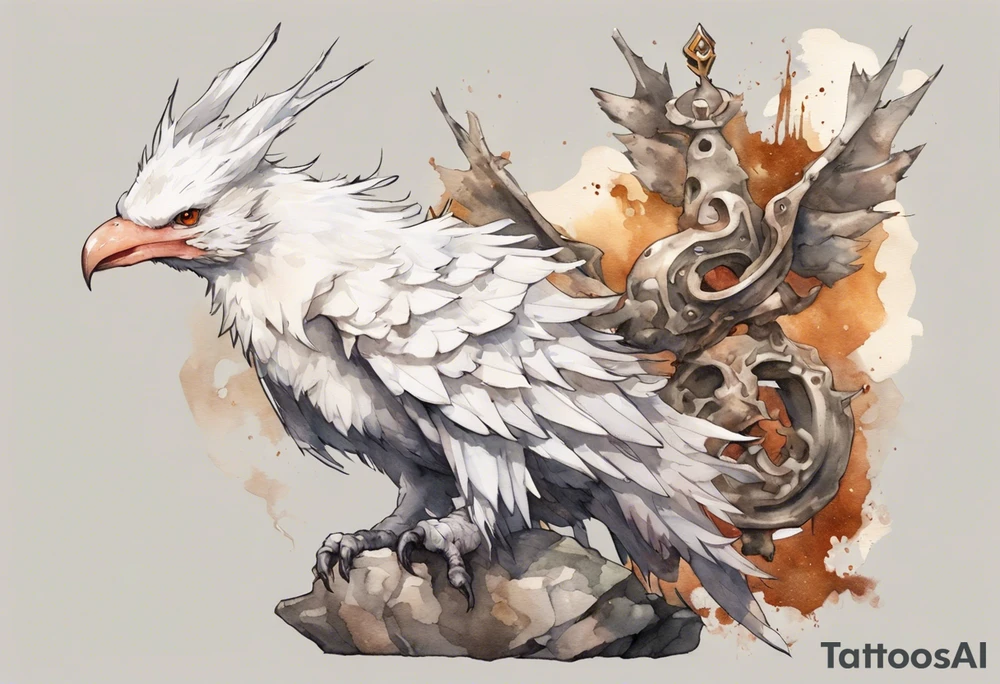a white bird-wyvern hybrid, wearing a rusted crown, perched on a stone tattoo idea