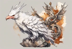 a white bird-wyvern hybrid, wearing a rusted crown, perched on a stone tattoo idea