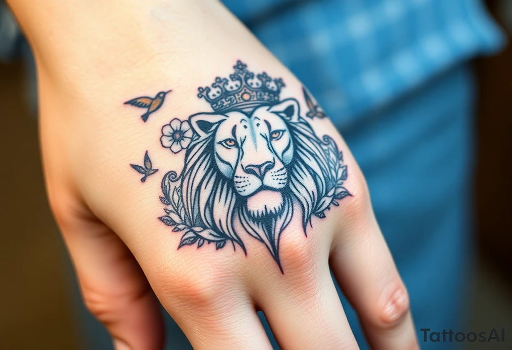 powerful majestic lion with a crown, surrounded by floral ornaments and birds tattoo idea
