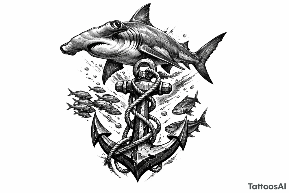 a hammerhead-shark, under it an anchor,fishes. tattoo idea