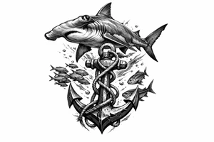 a hammerhead-shark, under it an anchor,fishes. tattoo idea