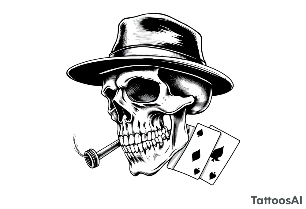 skull with top-hat,cigar in his mouth and playing cards. tattoo idea