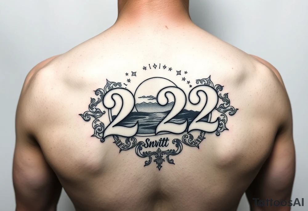 Bold 222 surrounded with sunset and love and stardust and vibration tattoo idea