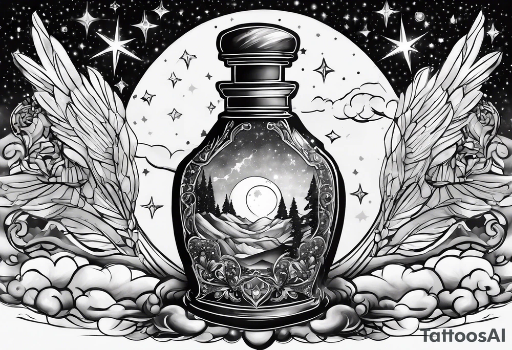 A potion bottle with crystals inside the bottle. The back of the night sky tattoo idea