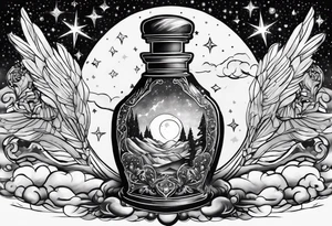 A potion bottle with crystals inside the bottle. The back of the night sky tattoo idea