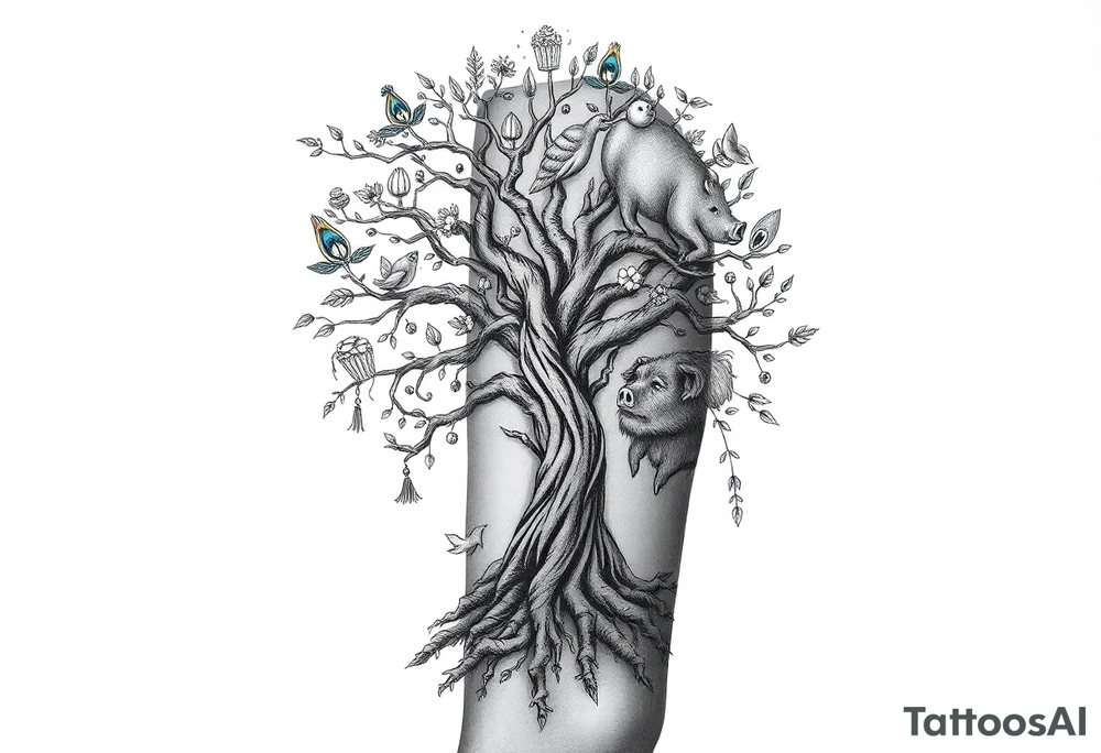 mystical tree of life with cosmic roots and celestial branches fat naked sexy woman , peacock , pig , cupcakes, liquor, cigerette, Storm clouds, pig, peacock , fat sexy naked fat woman, cupcakes, noose , money, goat lion, couple having sex, cigerette storm lightening, killing, darkness death tattoo idea