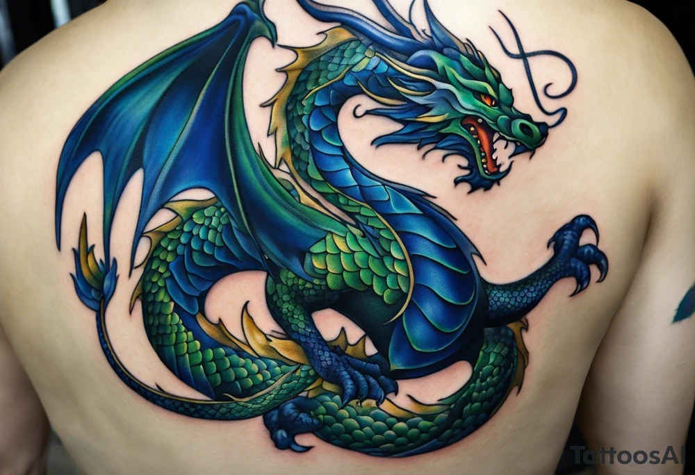 Micro realist Tattoo: An epic with no wings floating. Its body coiling dynamically, with scales and horns detailed to create a sense of movement and strength. The dragon's main color is dark blue but features accents in green, blue, and gold, giving a vibrant depth and a mystical aura. This tattoo highlights the dragon’s fierce expression and sharp claws as it wraps protectively around the leg. Style: Micro-realism tattoo idea