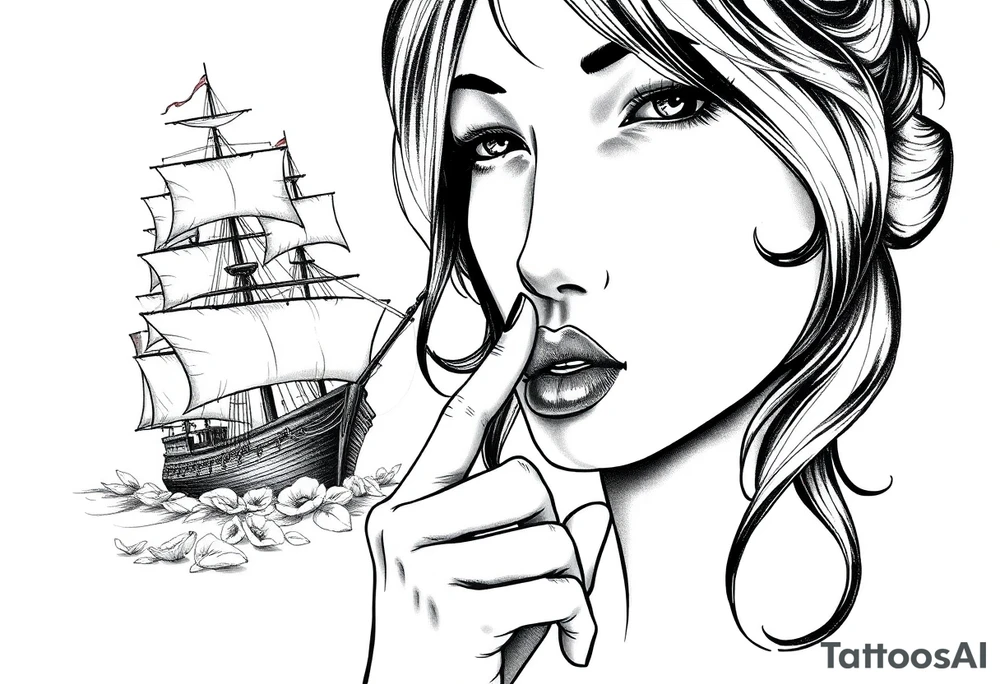 Old school ship and a realistic portrait of sexualised woman with her finger to her lips. Must say: Loose lips sink ships tattoo idea