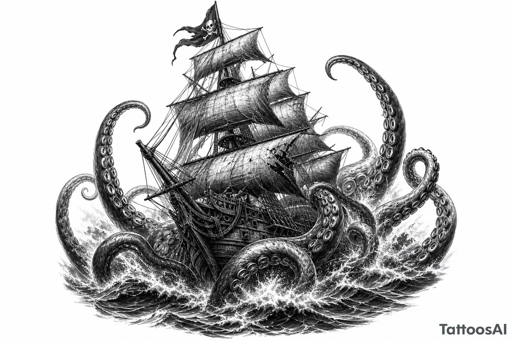 Black and grey pirate ship battling kraken tentacles, dark ocean, dramatic lighting. tattoo idea