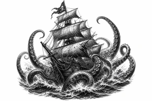 Black and grey pirate ship battling kraken tentacles, dark ocean, dramatic lighting. tattoo idea