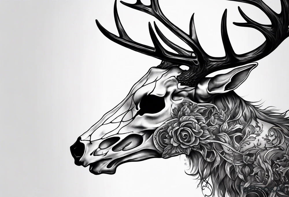 A side view of a decayed deer skull with no skin JUST BONE flames tattoo idea