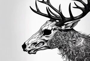 A side view of a decayed deer skull with no skin JUST BONE flames tattoo idea