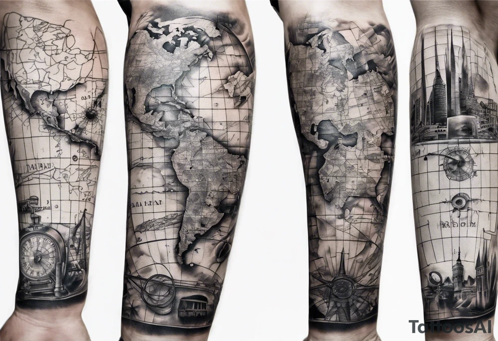 full arm tattoo for man with images of maps and travel and science tattoo idea