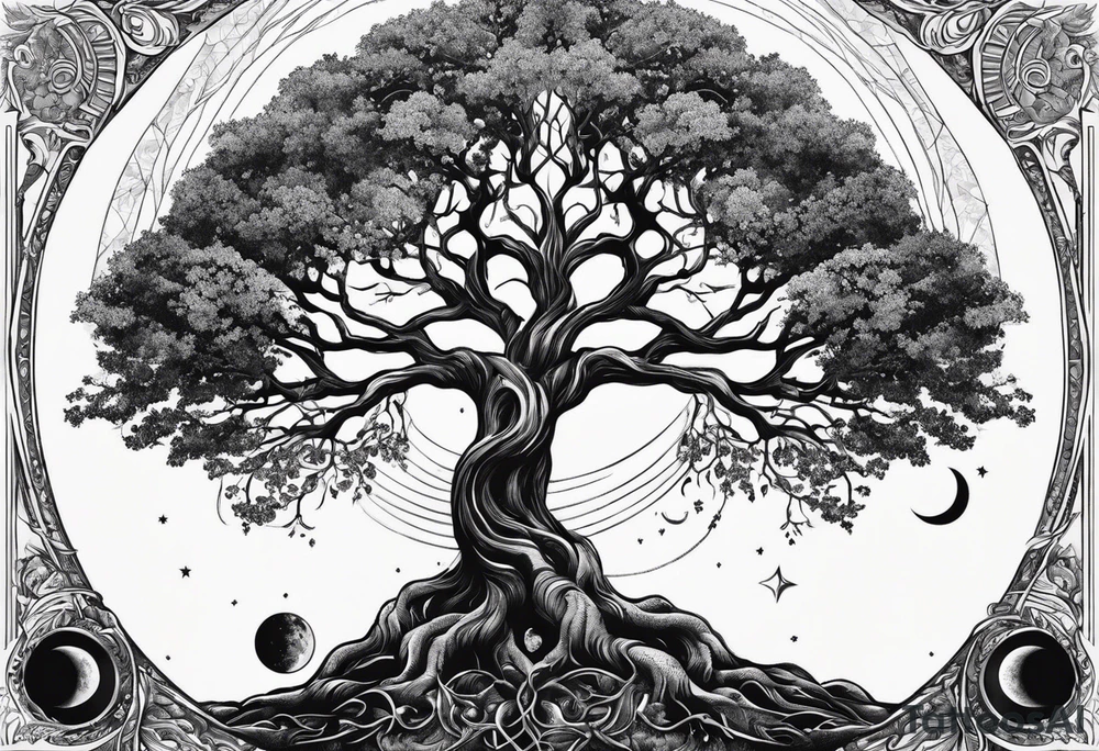 Tree of life with deep roots, the tree is holding the sun and the moon tattoo idea