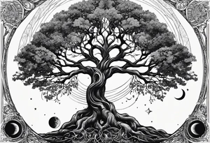 Tree of life with deep roots, the tree is holding the sun and the moon tattoo idea