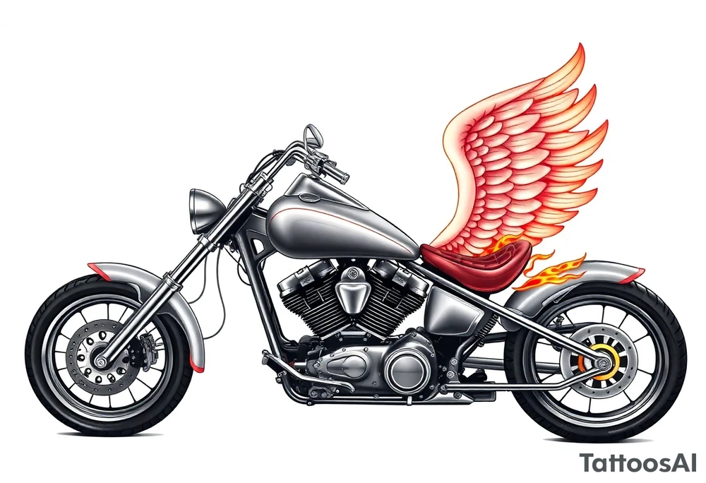 Low rider grey motorcycle, flames, angel wings tattoo idea