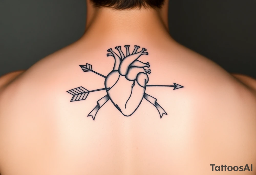 anatomical heart pierced by ornate arrow with flowing ribbons tattoo idea