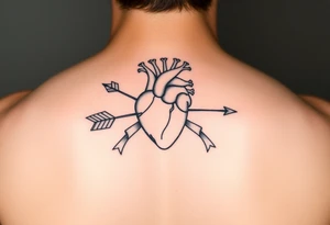 anatomical heart pierced by ornate arrow with flowing ribbons tattoo idea