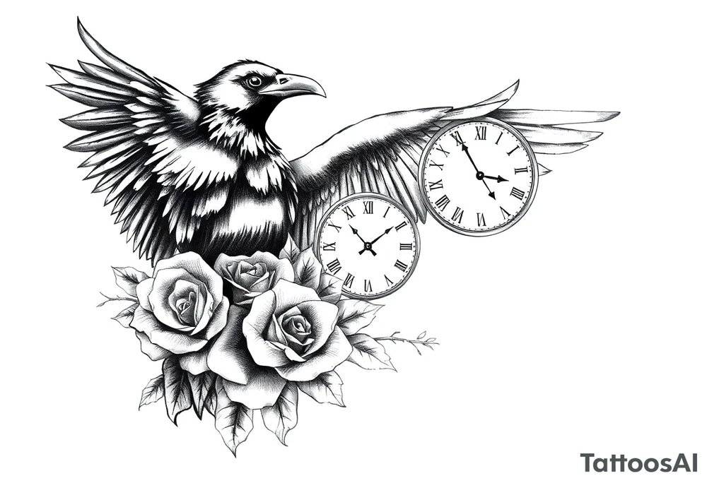 raven,roses,clock. tattoo idea