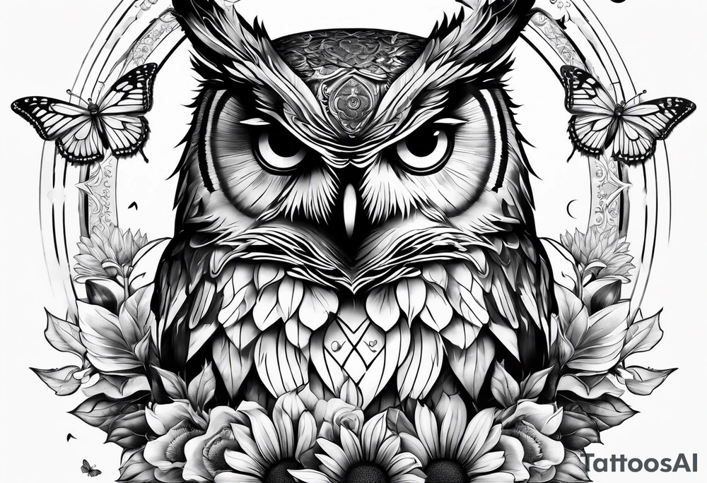 Sleeve with an owl, sunflower and butterfly tattoo idea