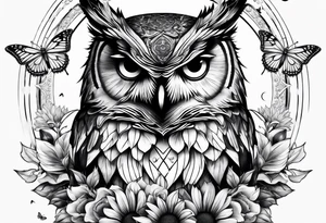 Sleeve with an owl, sunflower and butterfly tattoo idea