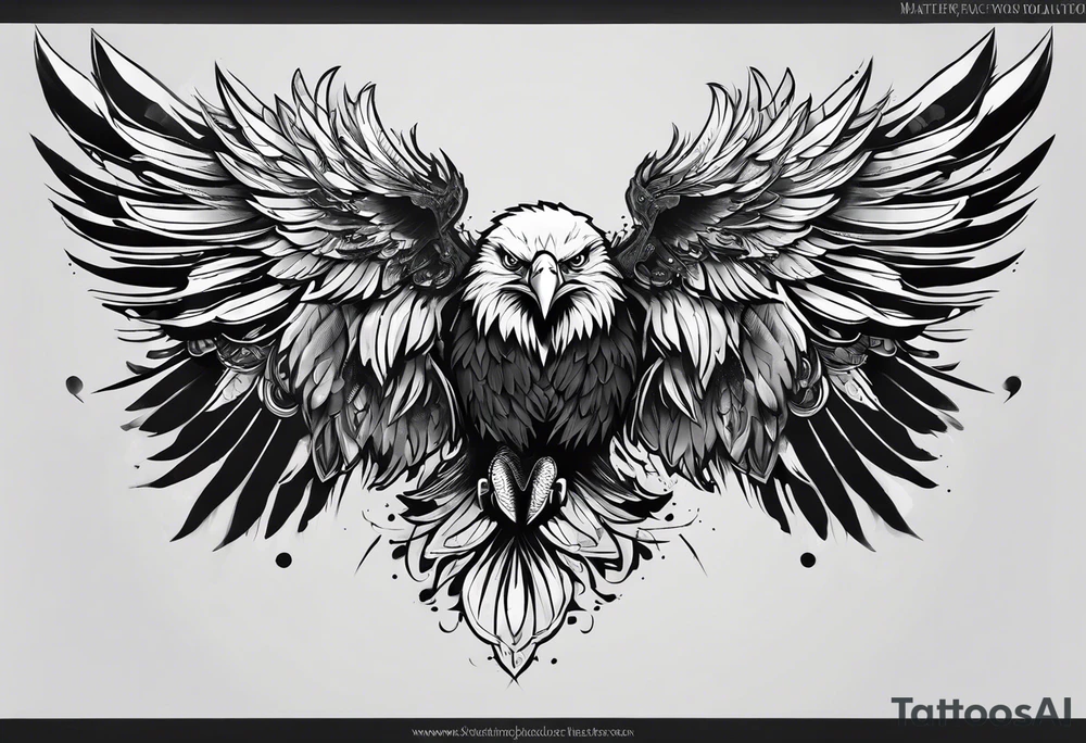the tattoo would be like. In short, 

- eagle head face down 
- eagle wings spread wide 
- middle will be a portrait of me and my mom 
- a short writings on the wings tattoo idea