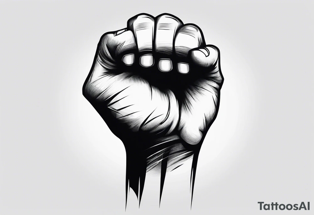 A clenched fist, the hand contains five fingers as specified, the tattoo is a back tattoo using negative space drawing techniques tattoo idea