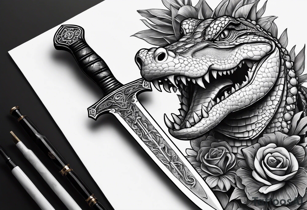 Dagger made out of an alligator with a sexy woman on the handle tattoo idea