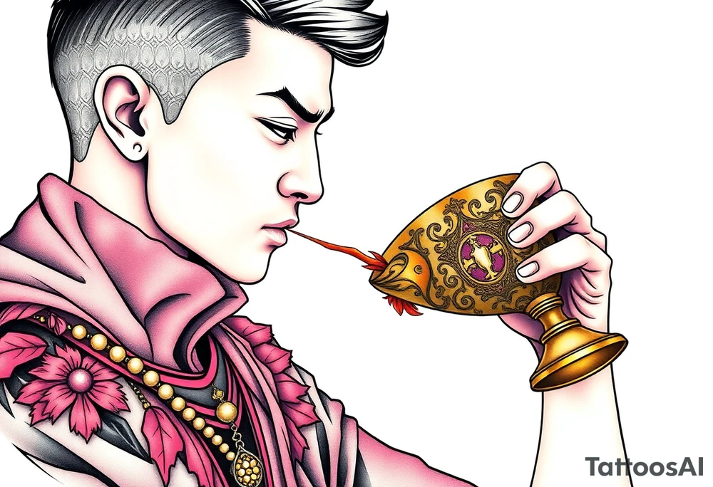 Handsome Asian young guy is drinking from medieval feast cup tattoo idea